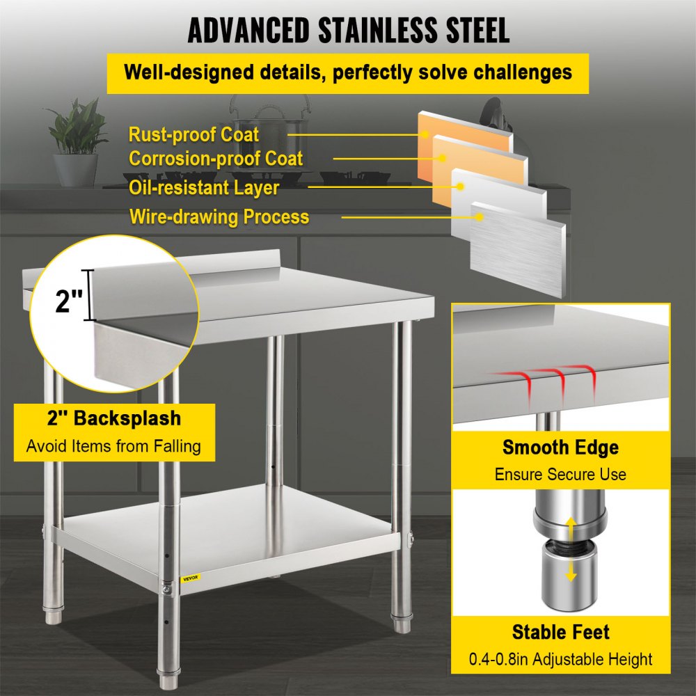 VV-SSWT-BWJL-2430 - Durable Stainless Steel Prep Table with Adjustable Undershelf