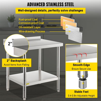 VV-SSWT-BWJL-2430 - Durable Stainless Steel Prep Table with Adjustable Undershelf