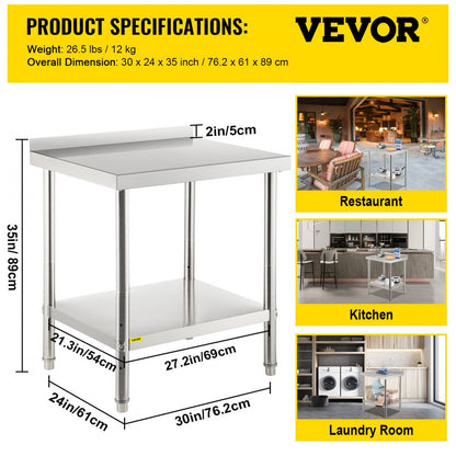 VV-SSWT-BWJL-2430 - Durable Stainless Steel Prep Table with Adjustable Undershelf