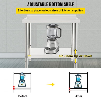VV-SSWT-BWJL-2436 - Heavy-Duty Stainless Steel Prep Table with Adjustable Undershelf