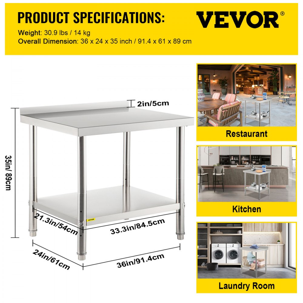 VV-SSWT-BWJL-2436 - Heavy-Duty Stainless Steel Prep Table with Adjustable Undershelf