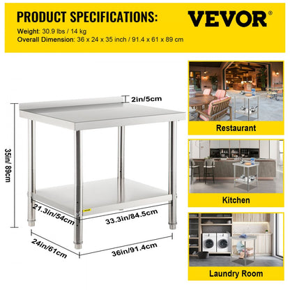 VV-SSWT-BWJL-2436 - Heavy-Duty Stainless Steel Prep Table with Adjustable Undershelf