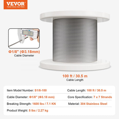S1/8-100 - 100 ft VEVOR Stainless Steel Wire Rope for Outdoor Use