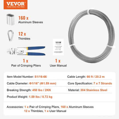 S1/16-66 - 66ft High-Strength Stainless Steel Wire Rope for Outdoor Use