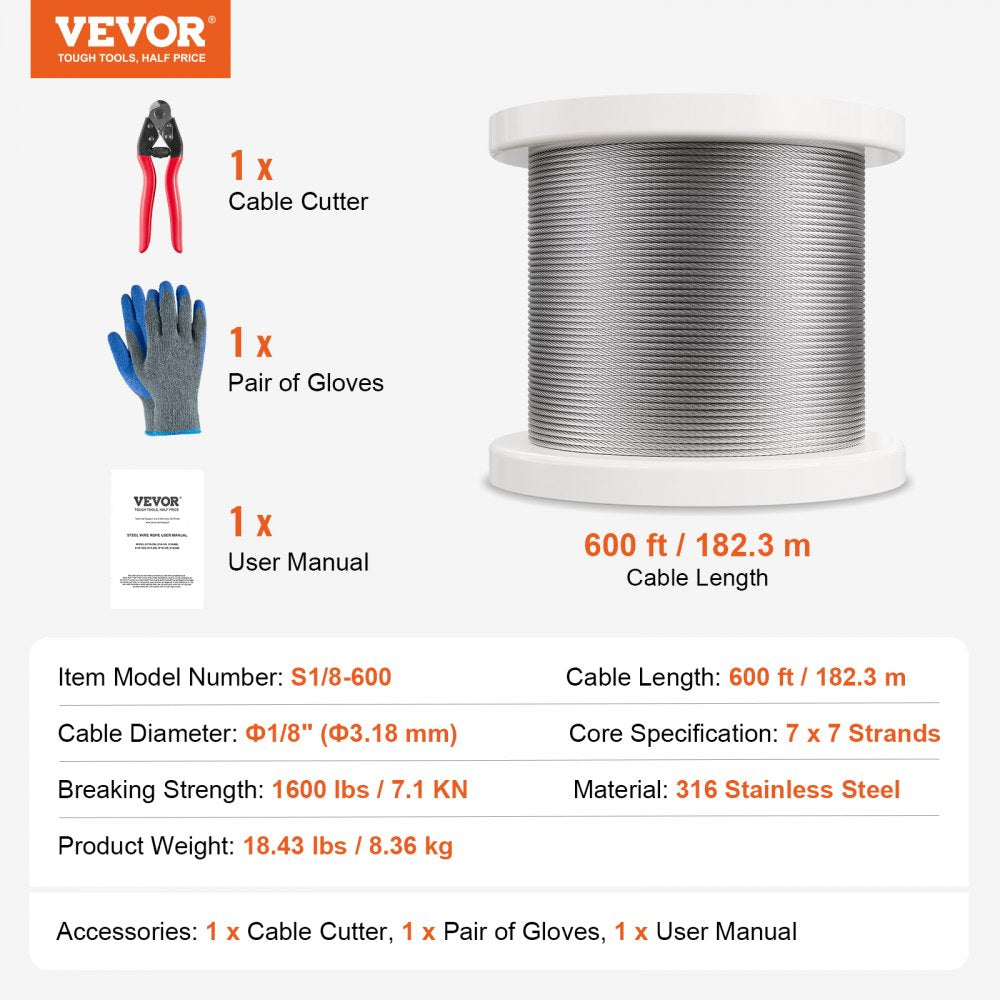 S1/8-600 - High-Strength 1/8" Stainless Steel Wire Rope for Outdoor Use