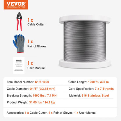 S1/8-1000 - 1/8" Durable T316 Stainless Steel Wire Rope for Outdoor Use
