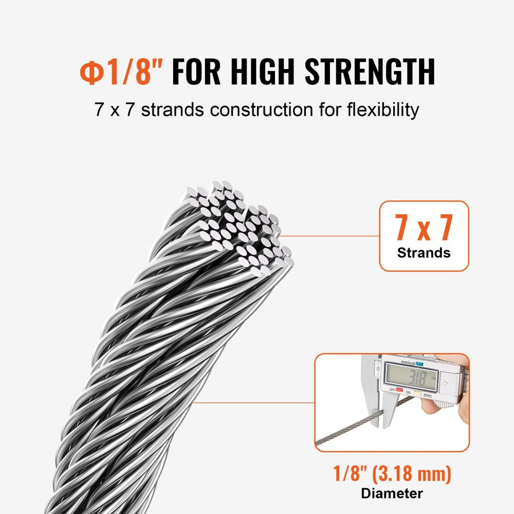 S1/8-100 - 100 ft T316 Stainless Steel Wire Rope for Outdoor Use