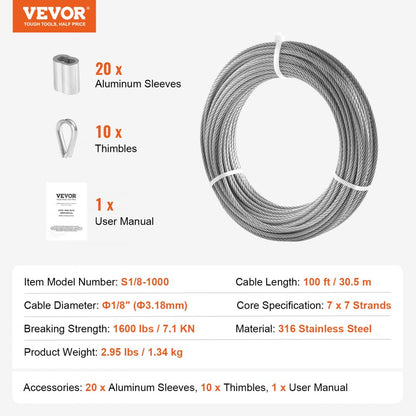 S1/8-100 - 100 ft T316 Stainless Steel Wire Rope for Outdoor Use