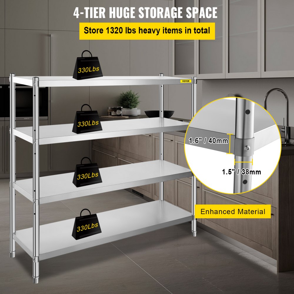 010592719608 - 4-Tier Stainless Steel Shelf 60x18.5 Inch with 330 lbs Capacity