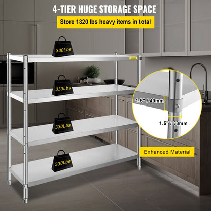 010592719608 - 4-Tier Stainless Steel Shelf 60x18.5 Inch with 330 lbs Capacity