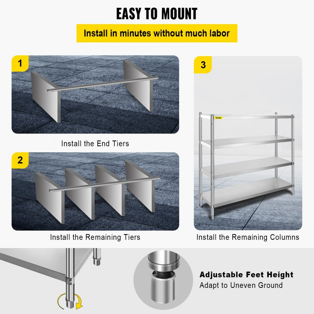 010592719608 - 4-Tier Stainless Steel Shelf 60x18.5 Inch with 330 lbs Capacity