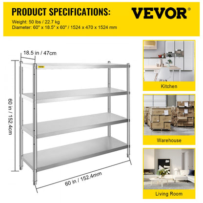 010592719608 - 4-Tier Stainless Steel Shelf 60x18.5 Inch with 330 lbs Capacity