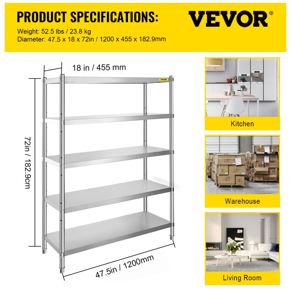 010943191812 - 5-Tier Stainless Steel Shelf, 47.5x18 Inch, 330 lbs per Tier