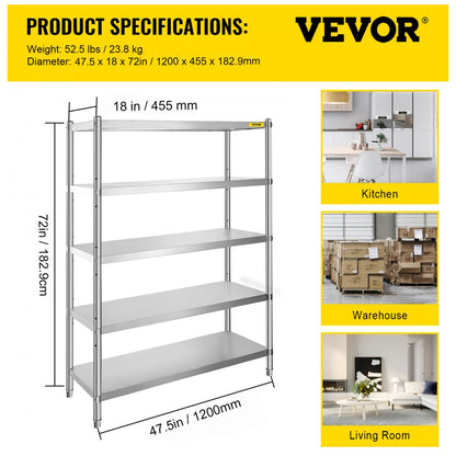 010943191812 - 5-Tier Stainless Steel Shelf, 47.5x18 Inch, 330 lbs per Tier