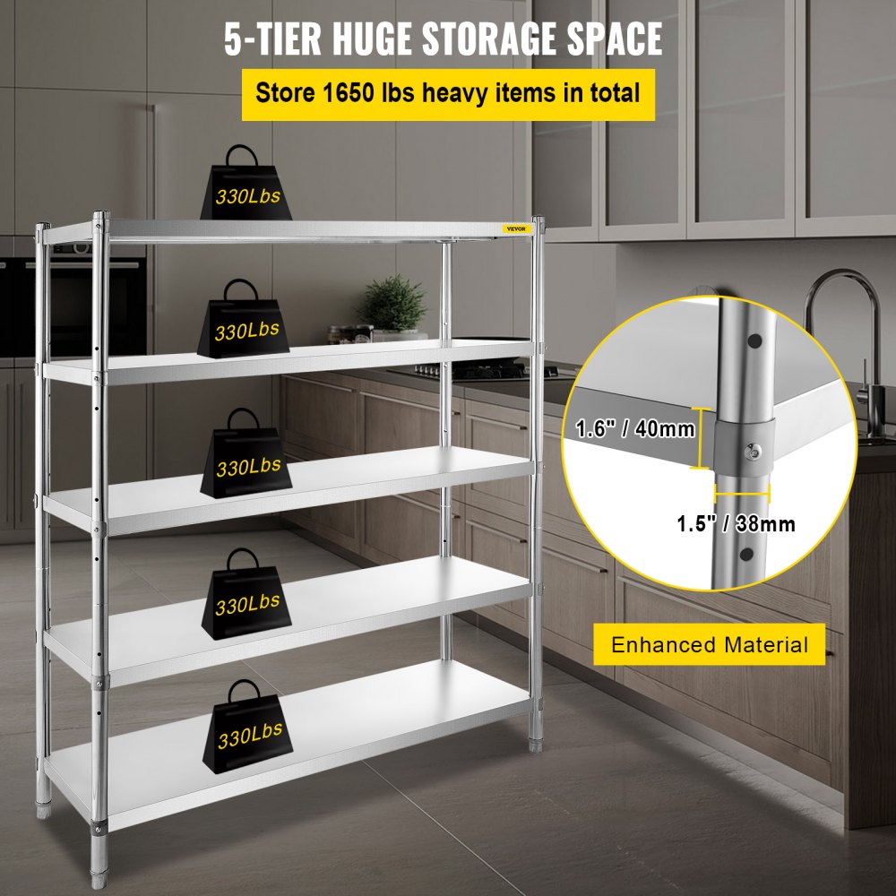 010761110822 - 5-Tier 60x18.5 Inch Stainless Steel Adjustable Shelf Unit