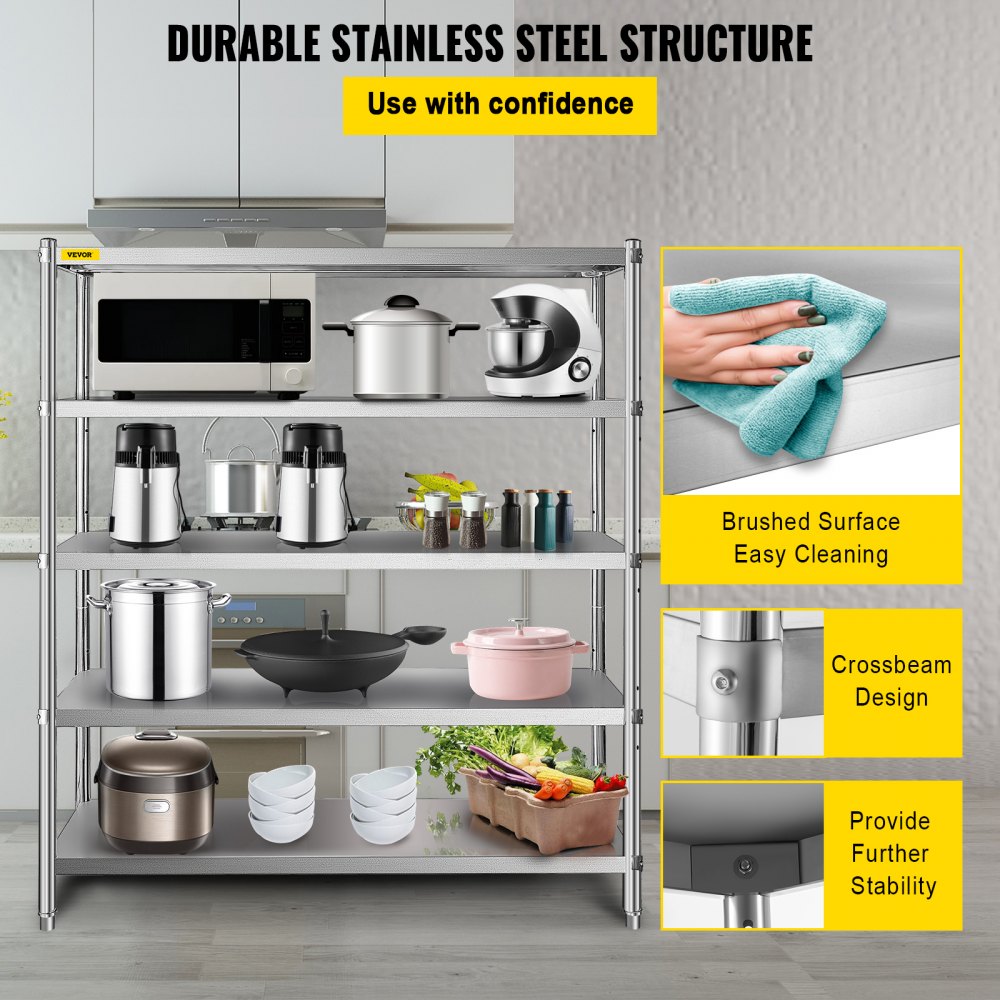 010761110822 - 5-Tier 60x18.5 Inch Stainless Steel Adjustable Shelf Unit