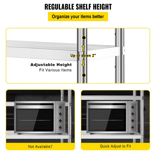 010761110822 - 5-Tier 60x18.5 Inch Stainless Steel Adjustable Shelf Unit