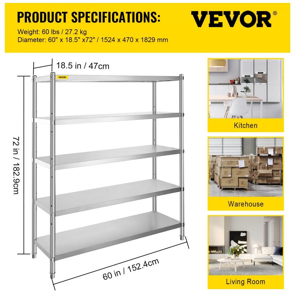 010761110822 - 5-Tier 60x18.5 Inch Stainless Steel Adjustable Shelf Unit