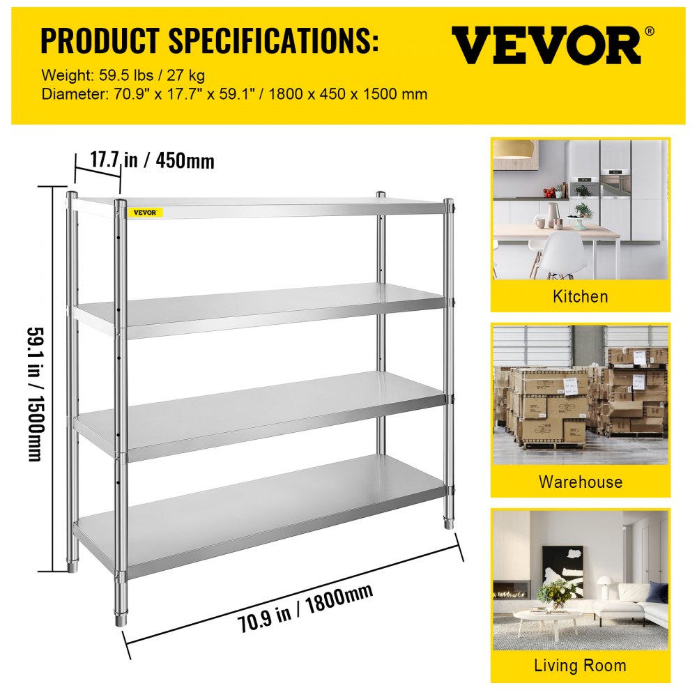 VV-SSS-4-72 - 4-Tier Stainless Steel Shelf with 330 lbs Capacity