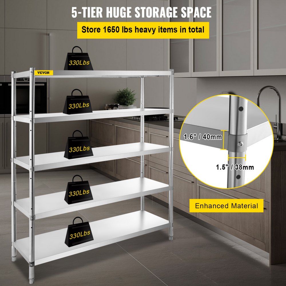 VV-SSS-5-72 - Heavy-Duty 5-Tier Stainless Steel Shelf for Kitchen & Garage