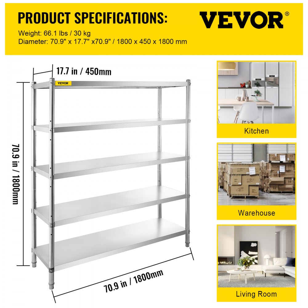 VV-SSS-5-72 - Heavy-Duty 5-Tier Stainless Steel Shelf for Kitchen & Garage