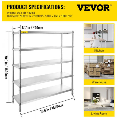 VV-SSS-5-72 - Heavy-Duty 5-Tier Stainless Steel Shelf for Kitchen & Garage