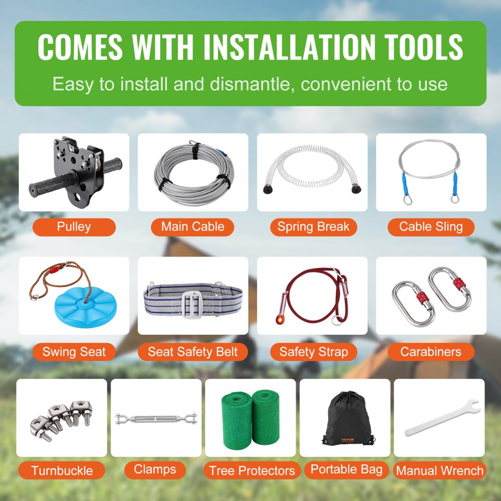 HL-100ft-004 - 100 ft VEVOR Zipline Kit for Kids & Adults, 500 lb Capacity