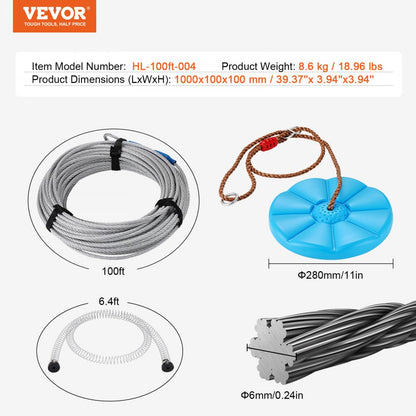 HL-100ft-004 - 100 ft VEVOR Zipline Kit for Kids & Adults, 500 lb Capacity