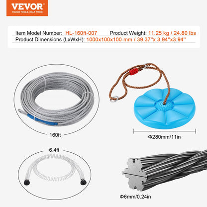 HL-160ft-007 - 160ft VEVOR Zipline Kit for Kids and Adults, 500 lb Capacity