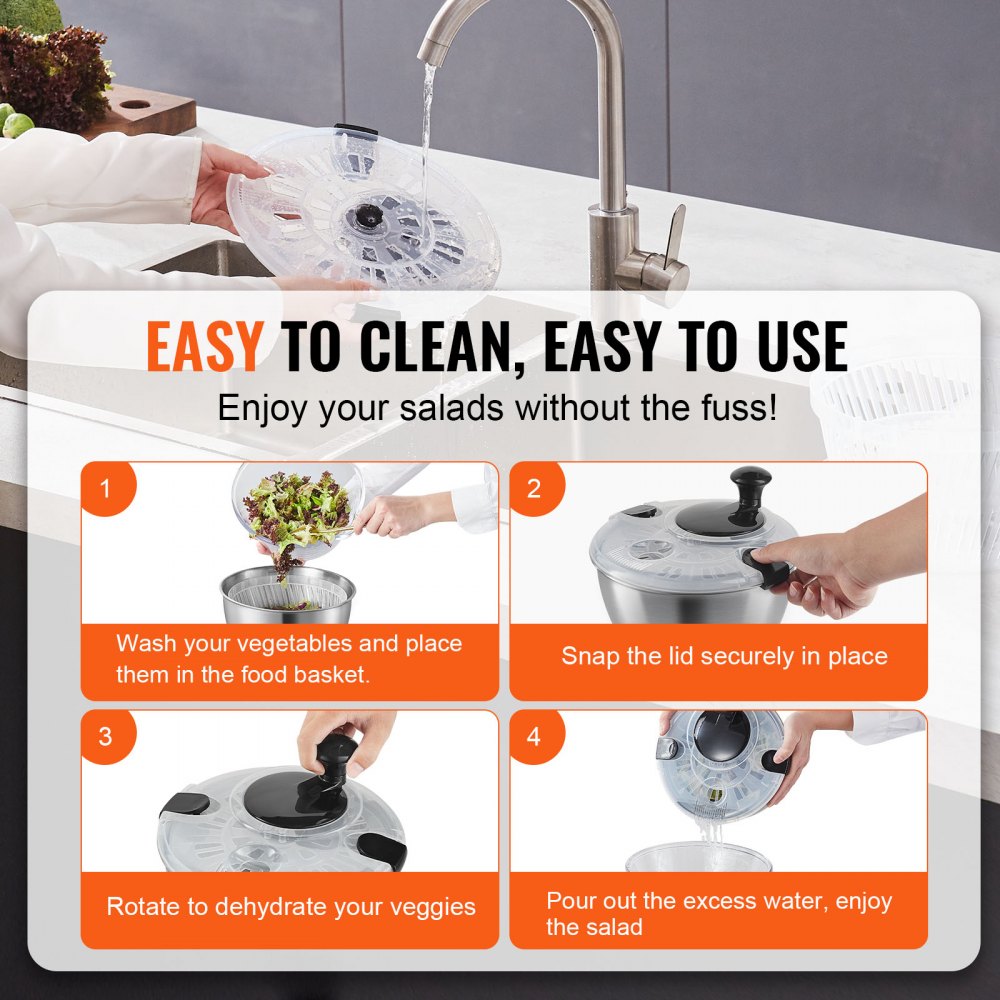 TF901S - 4.5L Stainless Steel Salad Spinner with Non-Slip Base