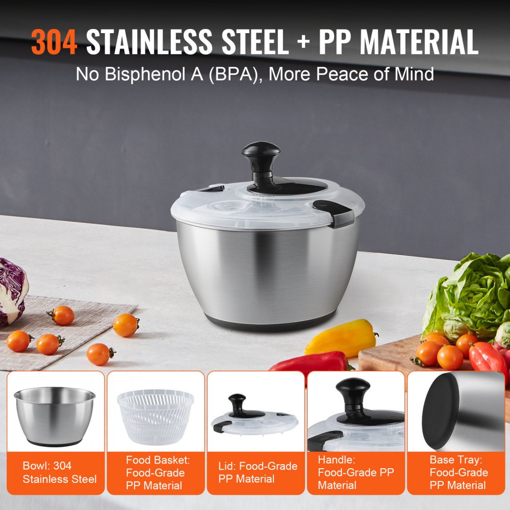 TF901S - 4.5L Stainless Steel Salad Spinner with Non-Slip Base