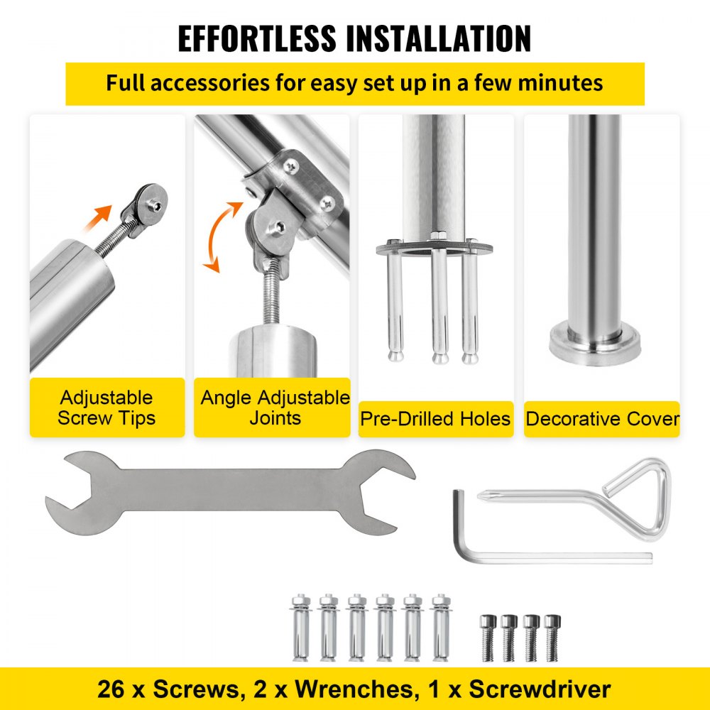 BXG-3STEP - Adjustable 304 Stainless Steel Handrail for 2-3 Steps, 441 lbs Capacity