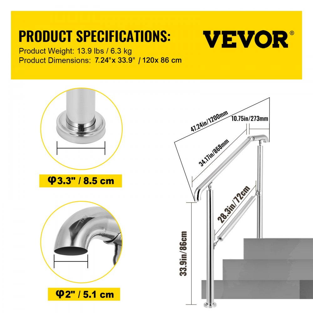 BXG-3STEP - Adjustable 304 Stainless Steel Handrail for 2-3 Steps, 441 lbs Capacity