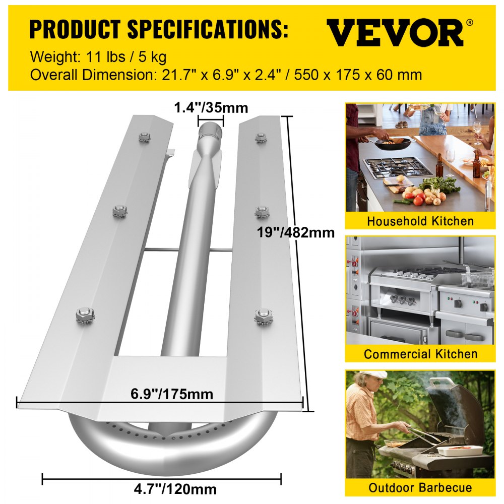 VV-UXBXGTDRSQ3-540MM - Stainless Steel U Burner, 21.7" x 6.9" for Grills