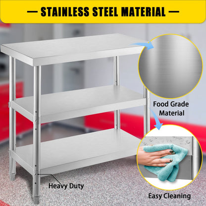 VV-SWT-SD-3618 - Durable Stainless Steel Work Table with Adjustable Feet and Shelves