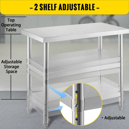 VV-SWT-SD-3618 - Durable Stainless Steel Work Table with Adjustable Feet and Shelves