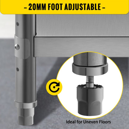 VV-SWT-SD-3618 - Durable Stainless Steel Work Table with Adjustable Feet and Shelves