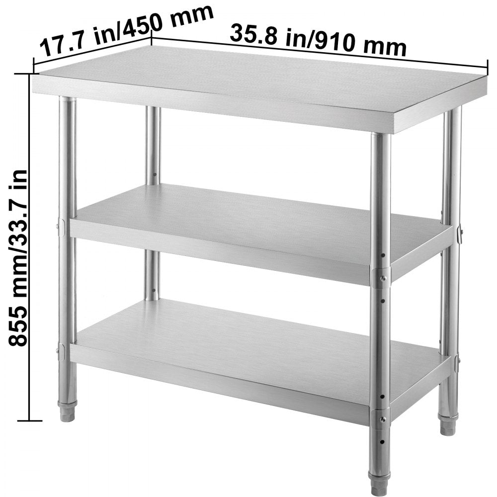 VV-SWT-SD-3618 - Durable Stainless Steel Work Table with Adjustable Feet and Shelves