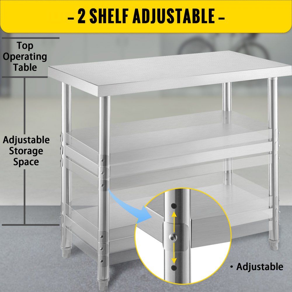 VV-SWT-SD-4814 - Durable Stainless Steel Commercial Work Table with Two Shelves