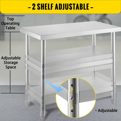VV-SWT-SD-4814 - Durable Stainless Steel Commercial Work Table with Two Shelves