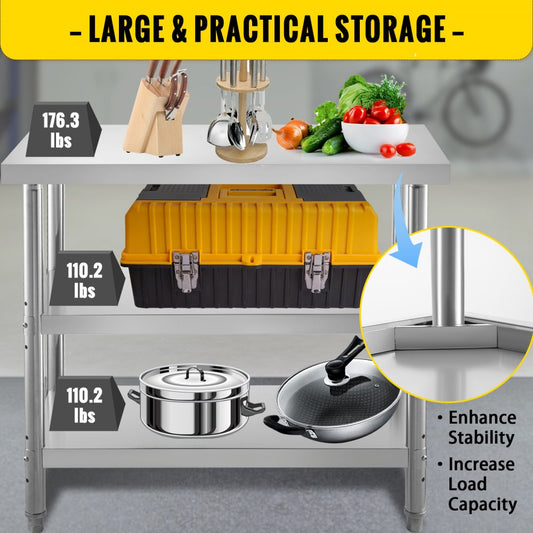VV-SWT-SD-4818 - Durable Stainless Steel Prep Table with 2 Shelves & Adjustable Feet