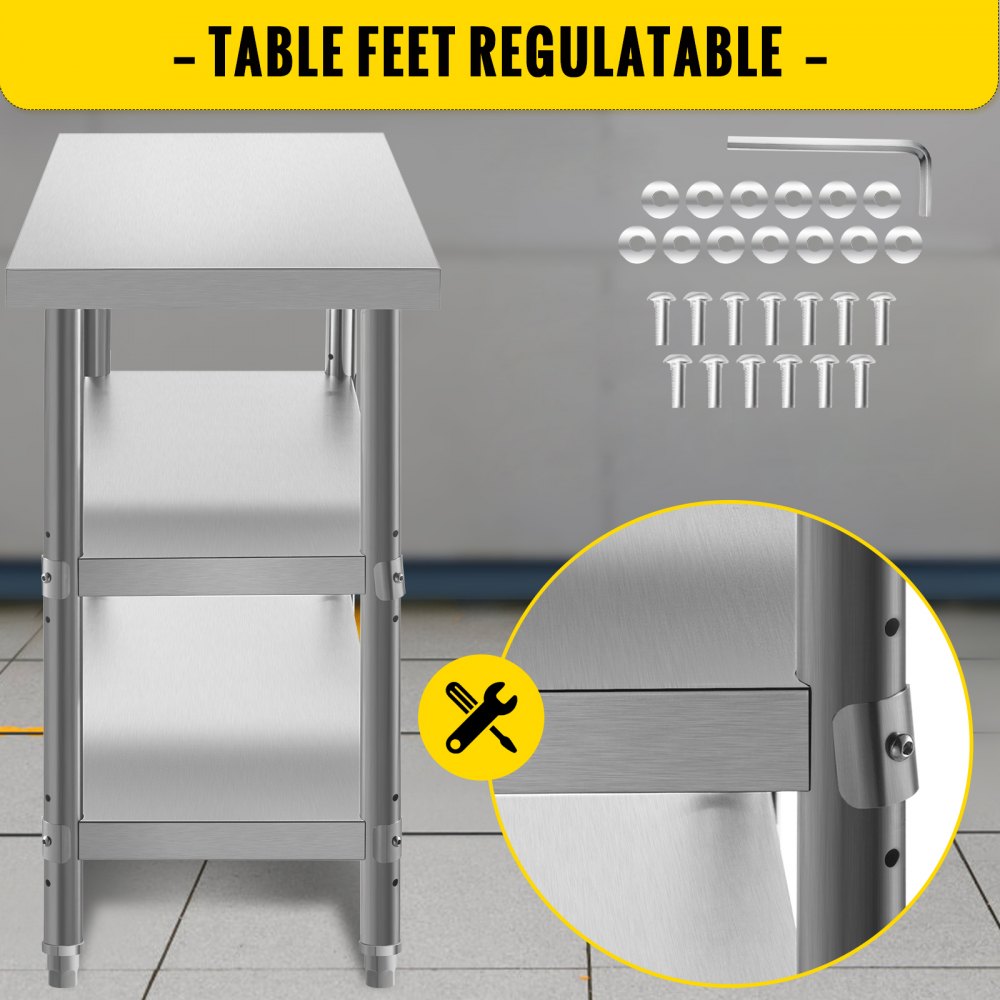 VV-SWT-SD-4818 - Durable Stainless Steel Prep Table with 2 Shelves & Adjustable Feet
