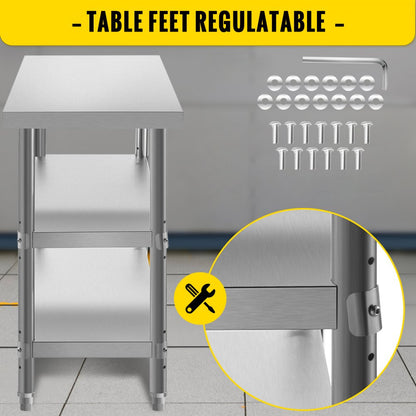 VV-SWT-SD-4818 - Durable Stainless Steel Prep Table with 2 Shelves & Adjustable Feet