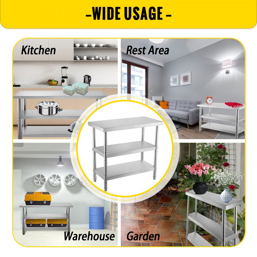 VV-SWT-SD-4818 - Durable Stainless Steel Prep Table with 2 Shelves & Adjustable Feet