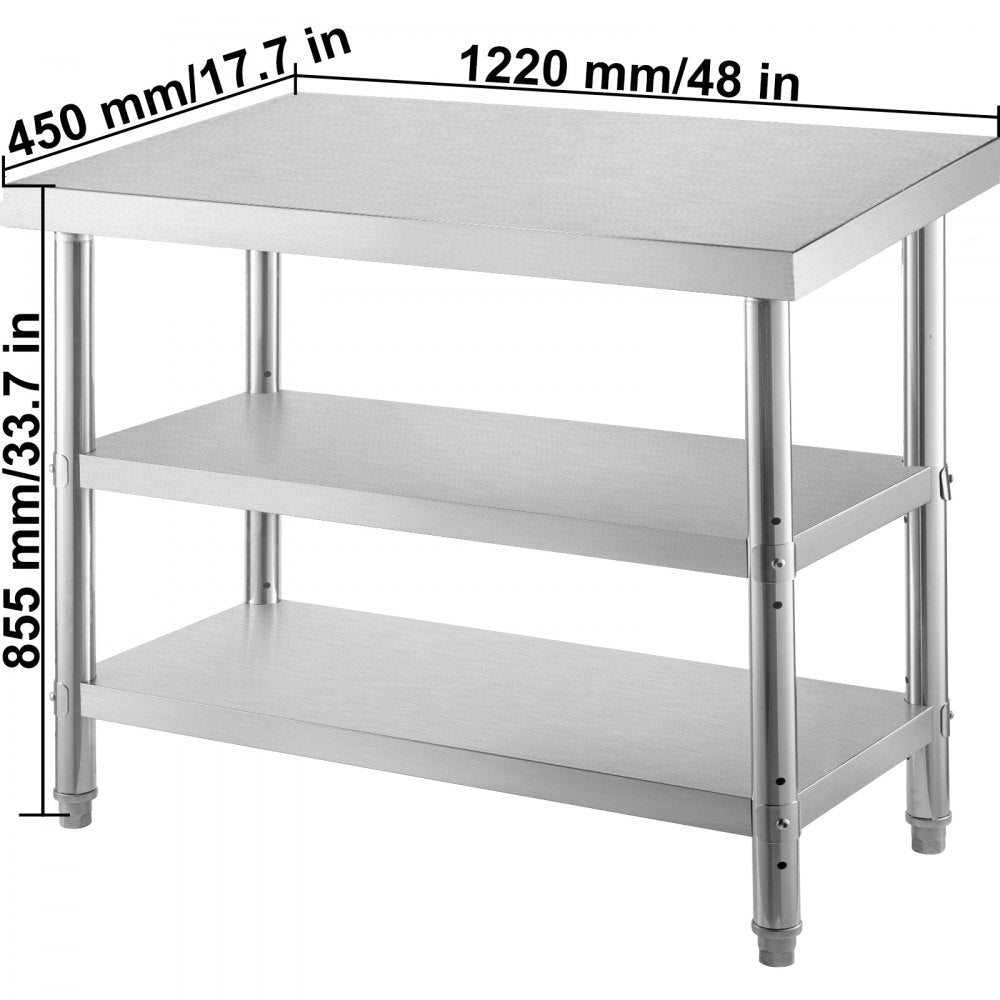 VV-SWT-SD-4818 - Durable Stainless Steel Prep Table with 2 Shelves & Adjustable Feet