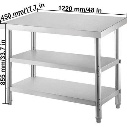 VV-SWT-SD-4818 - Durable Stainless Steel Prep Table with 2 Shelves & Adjustable Feet