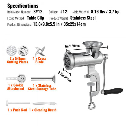 S#12 - Durable Stainless Steel Manual Meat Grinder for Home Sausage Making