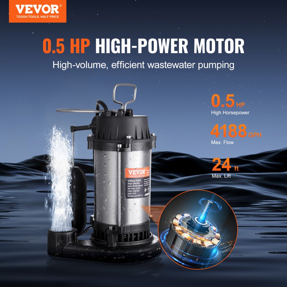Q400191M - 0.5HP Submersible Sewage Pump with 4188GPH Flow Rate