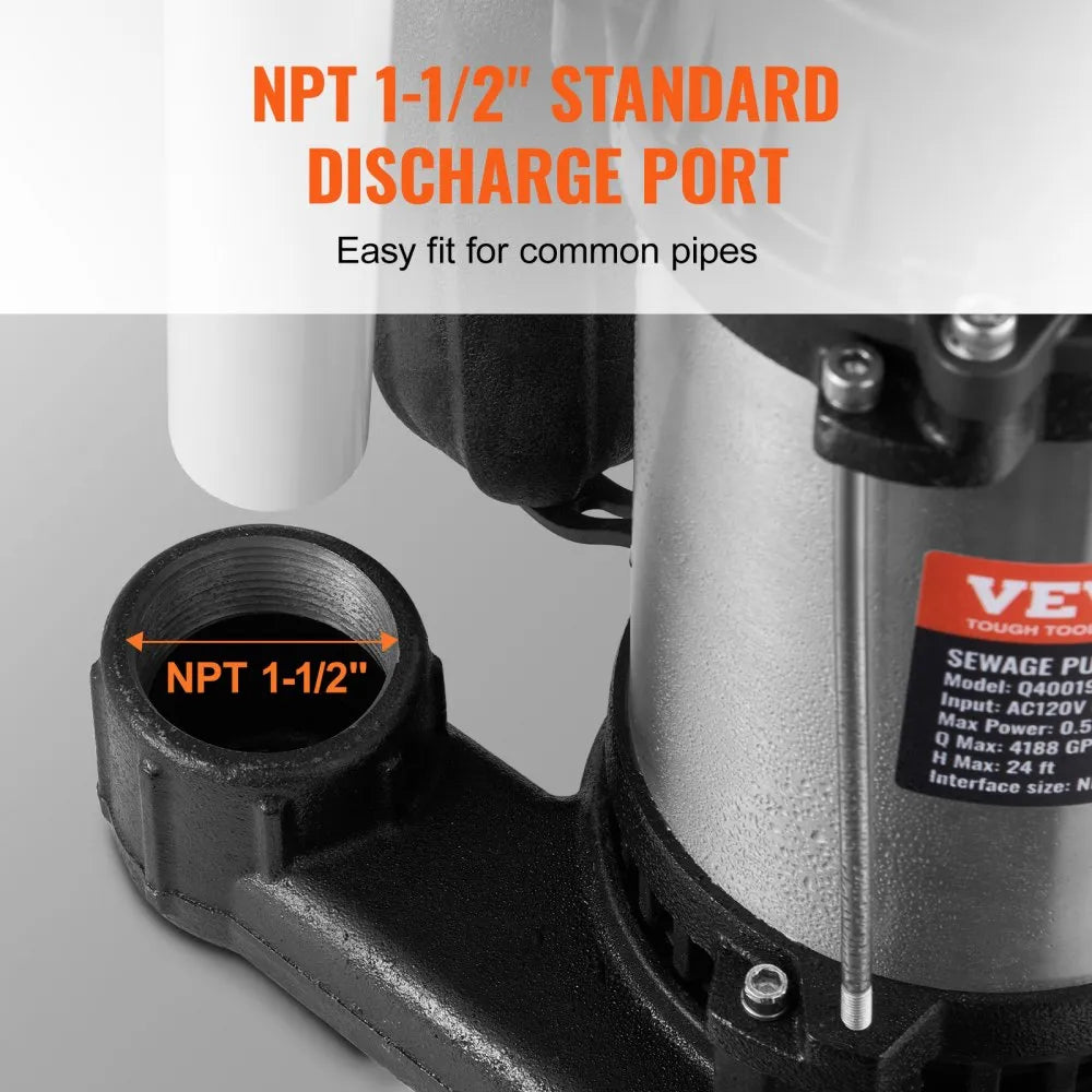 Q400191M - 0.5HP Submersible Sewage Pump with 4188GPH Flow Rate