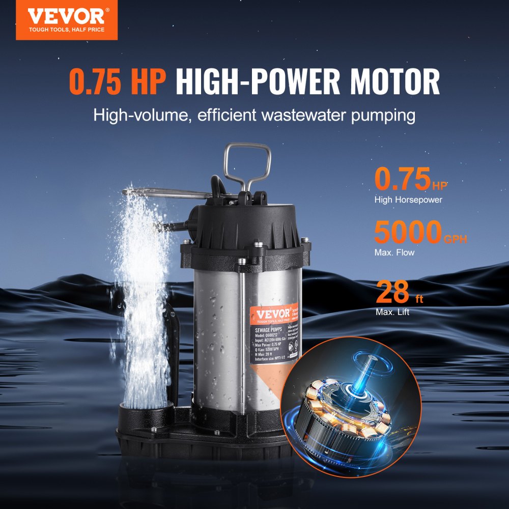 Q600212 - Powerful 0.75HP VEVOR Sewage Pump, 5000GPH, 28ft Lift